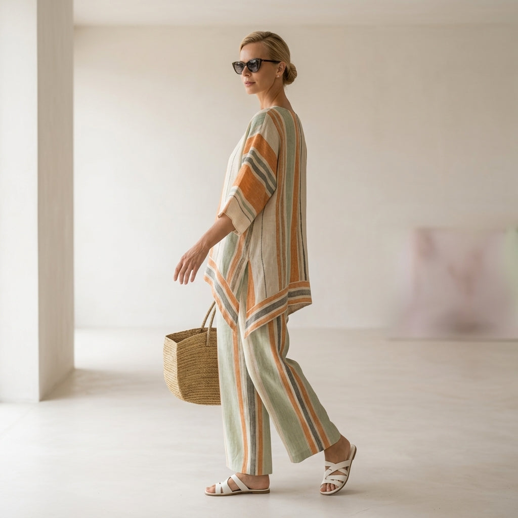 Elisabetta – top asimétrico elegante con pantalones de pierna ancha