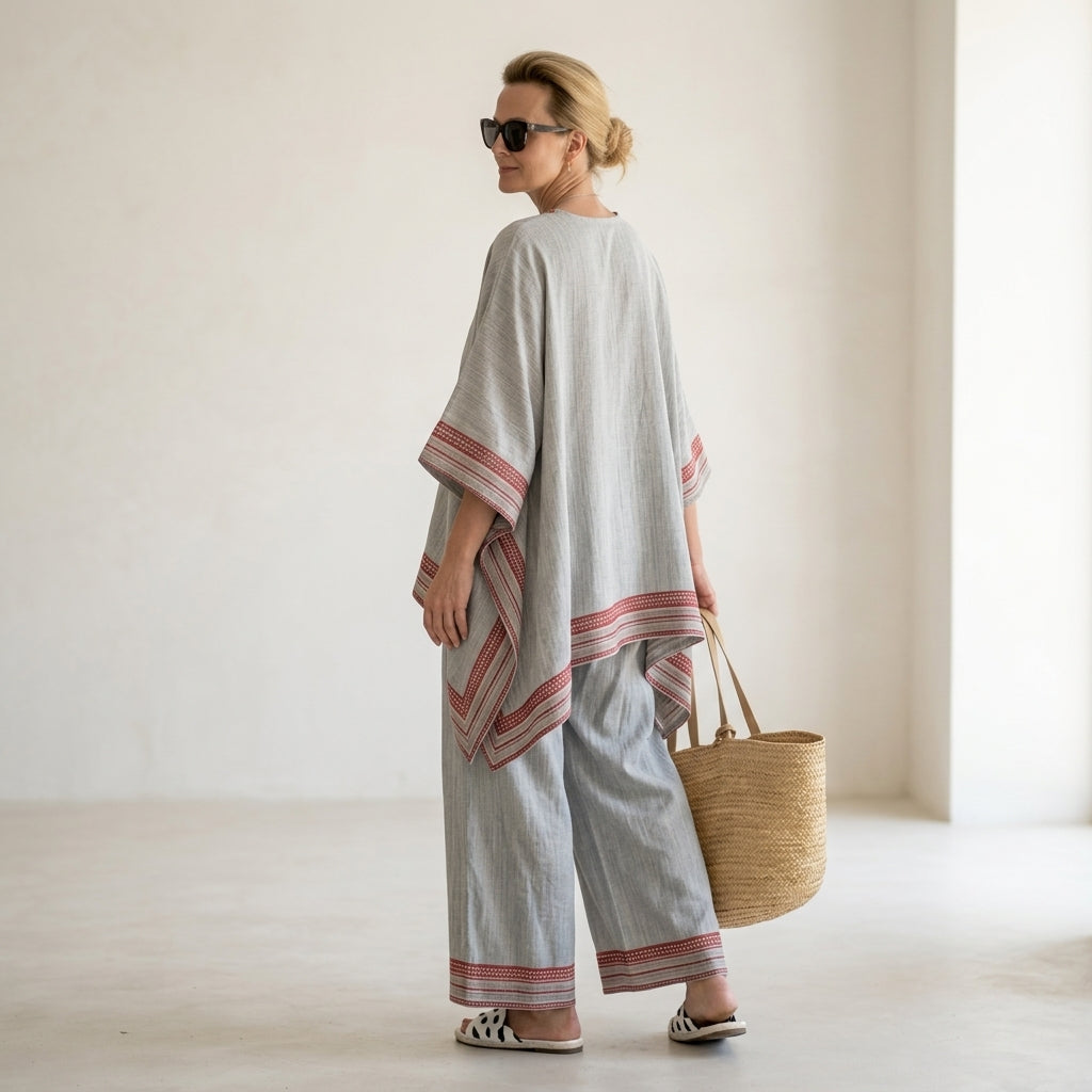 Rossella – Blusa asimétrica refinada con pantalones étnicos de pierna ancha