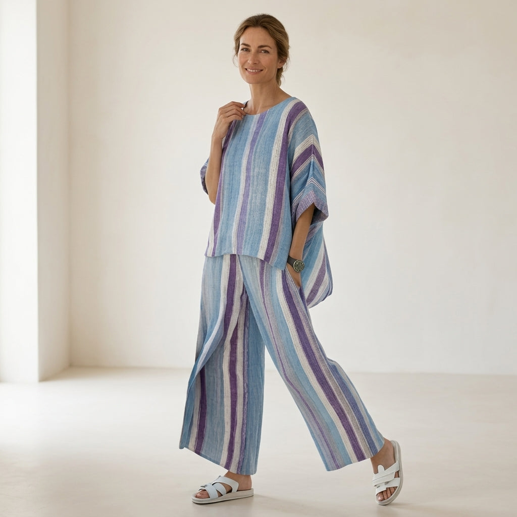 Ginevra – top en mauve pastel elegante y pantalones a rayas de lino