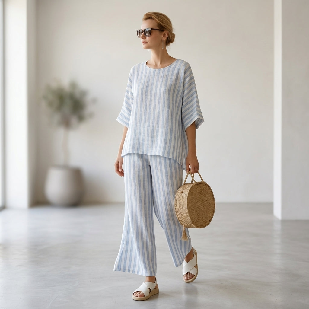 Federica โ Sophisticated blue striped linen top, paired with loose-fitting trousers