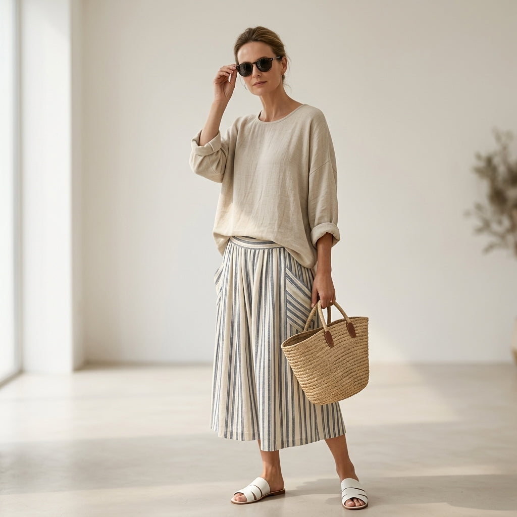 Aurora – blusa cómoda y falda midi a rayas