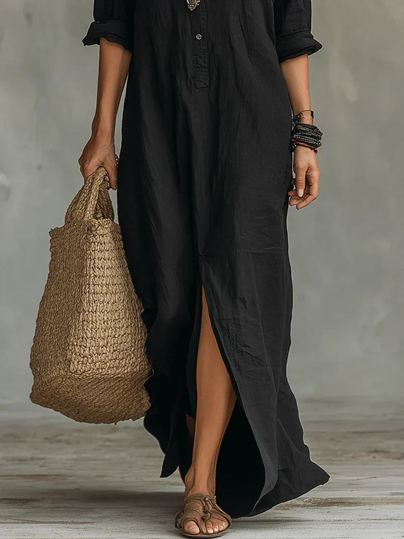 Céline | Vestido Maxi Negro Holgado con Botones — foto 7