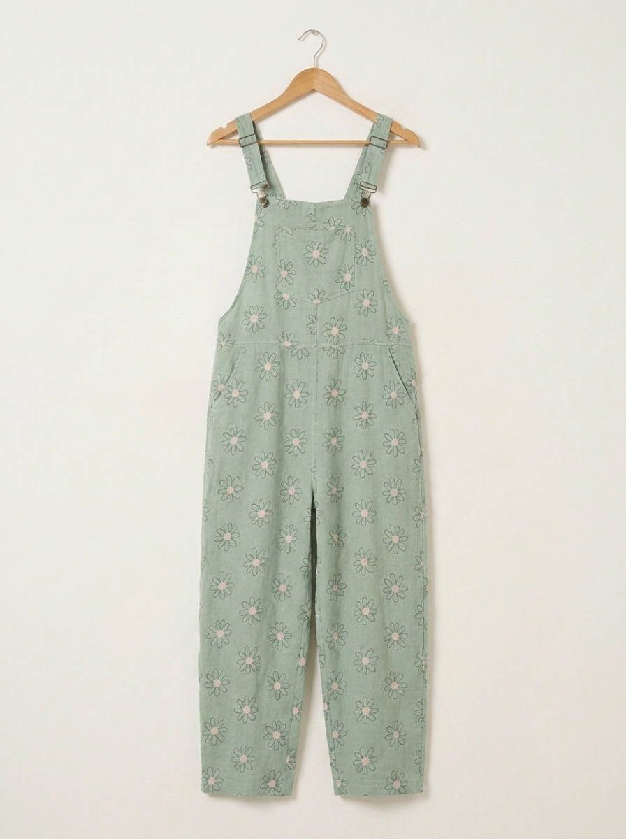 Margot | Jardineros de lino color menta con estampado de margaritas
