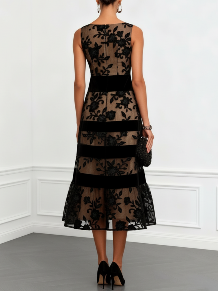 Solène | Vestido midi trapecio de tul negro con estampado floral y sin mangas — foto 2