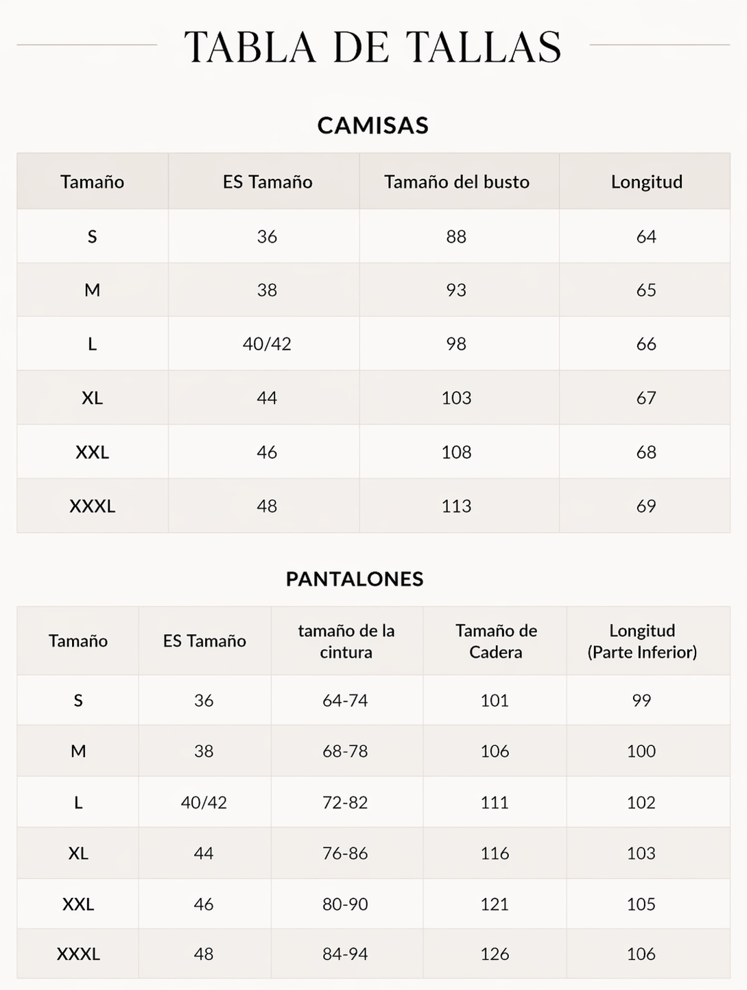 Tabla de tallas