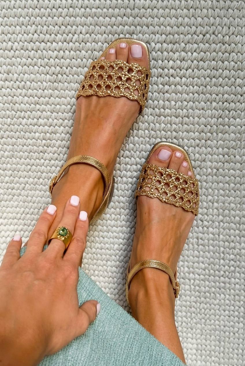 Sandalias trenzadas metalizadas chic, bajas, de color oro, con punta cuadrada