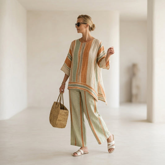 Elisabetta – top asimétrico elegante con pantalones de pierna ancha