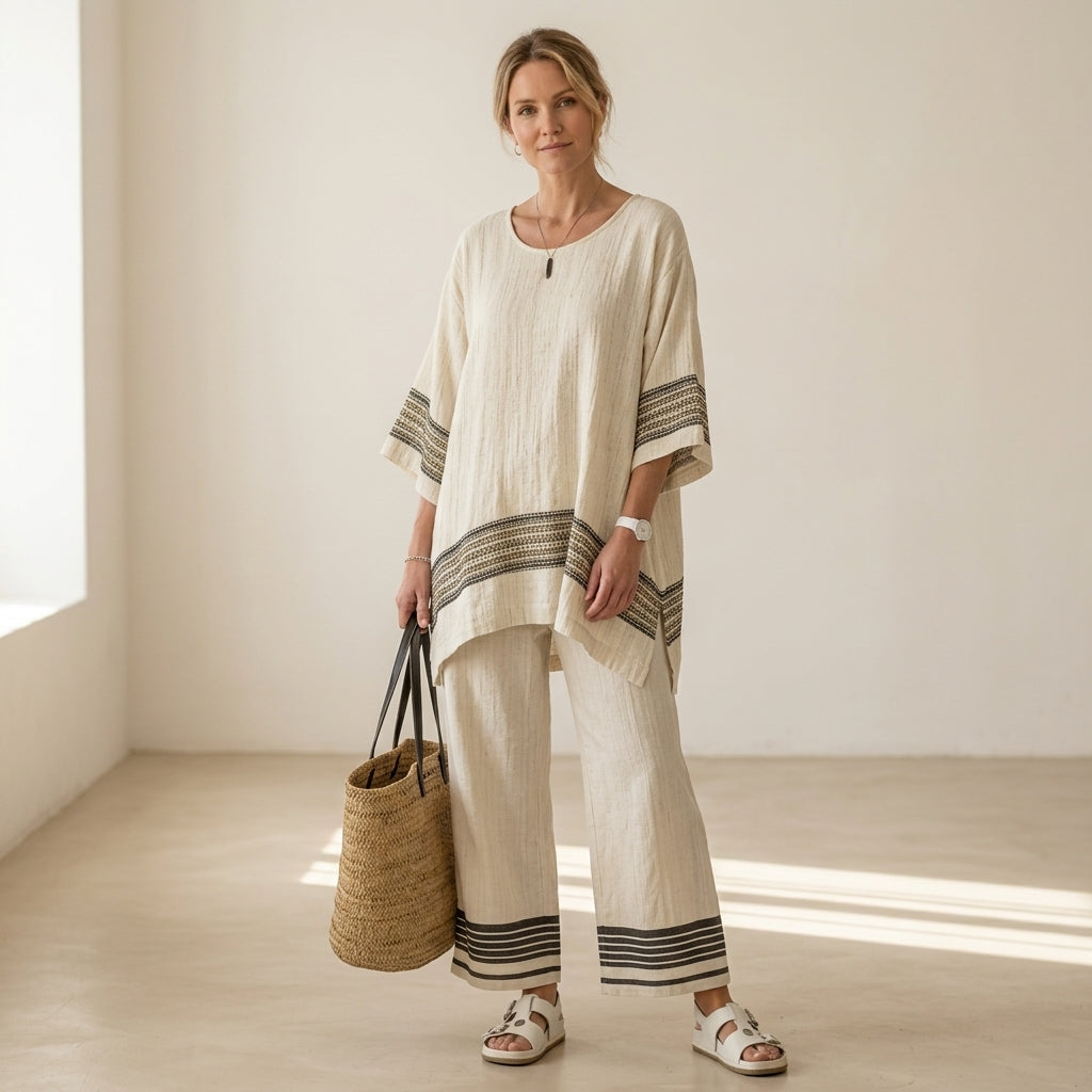 Mariella – Elegante conjunto de lino: top de rayas negras y pantalones fluidos