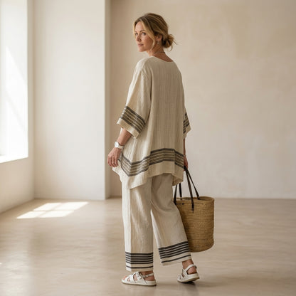 Mariella – Elegante conjunto de lino: top de rayas negras y pantalones fluidos