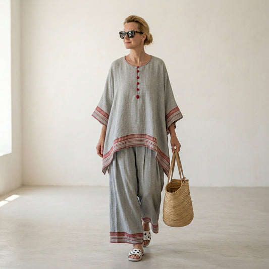 Rossella – Blusa asimétrica refinada con pantalones étnicos de pierna ancha
