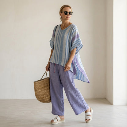 Carlotta – Elegantes Set: Oberteil in Lavendel und Himmelblau mit Leinenhose
