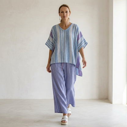 Carlotta – Elegantes Set: Oberteil in Lavendel und Himmelblau mit Leinenhose