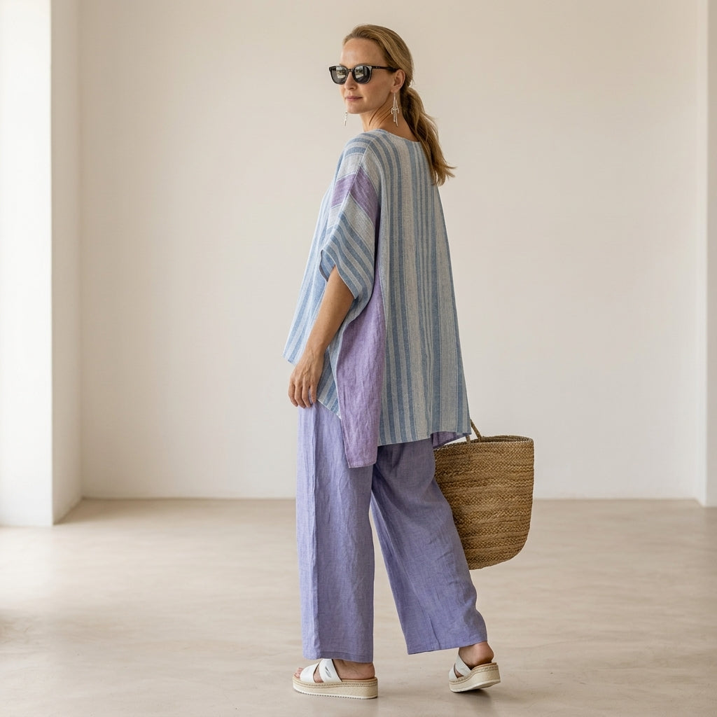 Carlotta – Elegantes Set: Oberteil in Lavendel und Himmelblau mit Leinenhose
