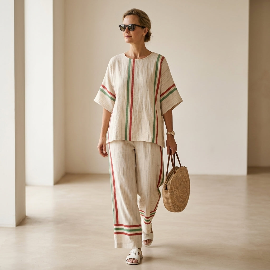 Noemi – Boho print blouse, combined with comfortable loose-fitting trousers