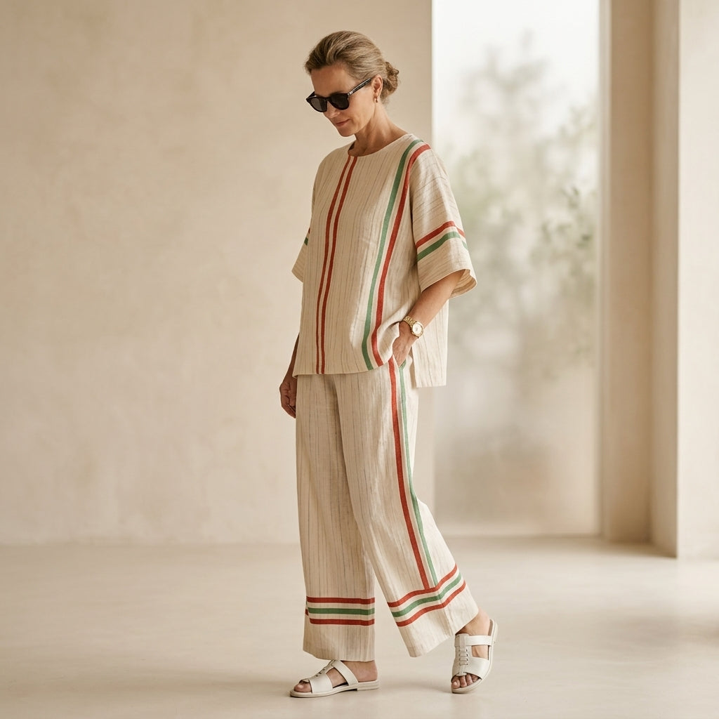 Noemi – Boho print blouse, combined with comfortable loose-fitting trousers