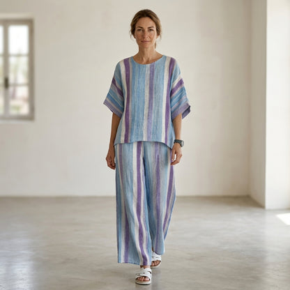 Ginevra – top en mauve pastel elegante y pantalones a rayas de lino
