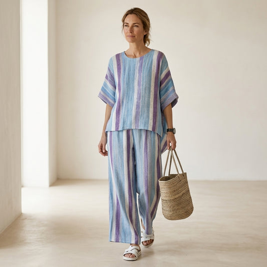 Ginevra – elegant pastel mauve top and striped linen trousers