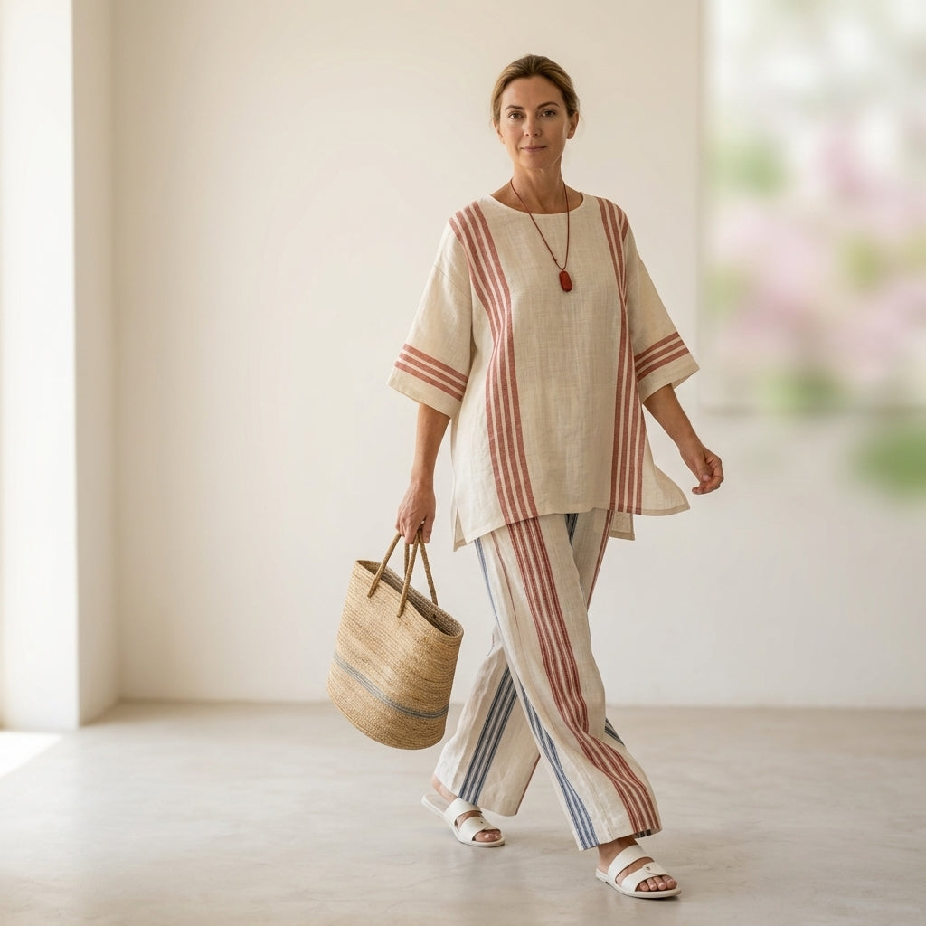 Ludovica – top de rayas multicolores sofisticado combinado con pantalones mediterráneos
