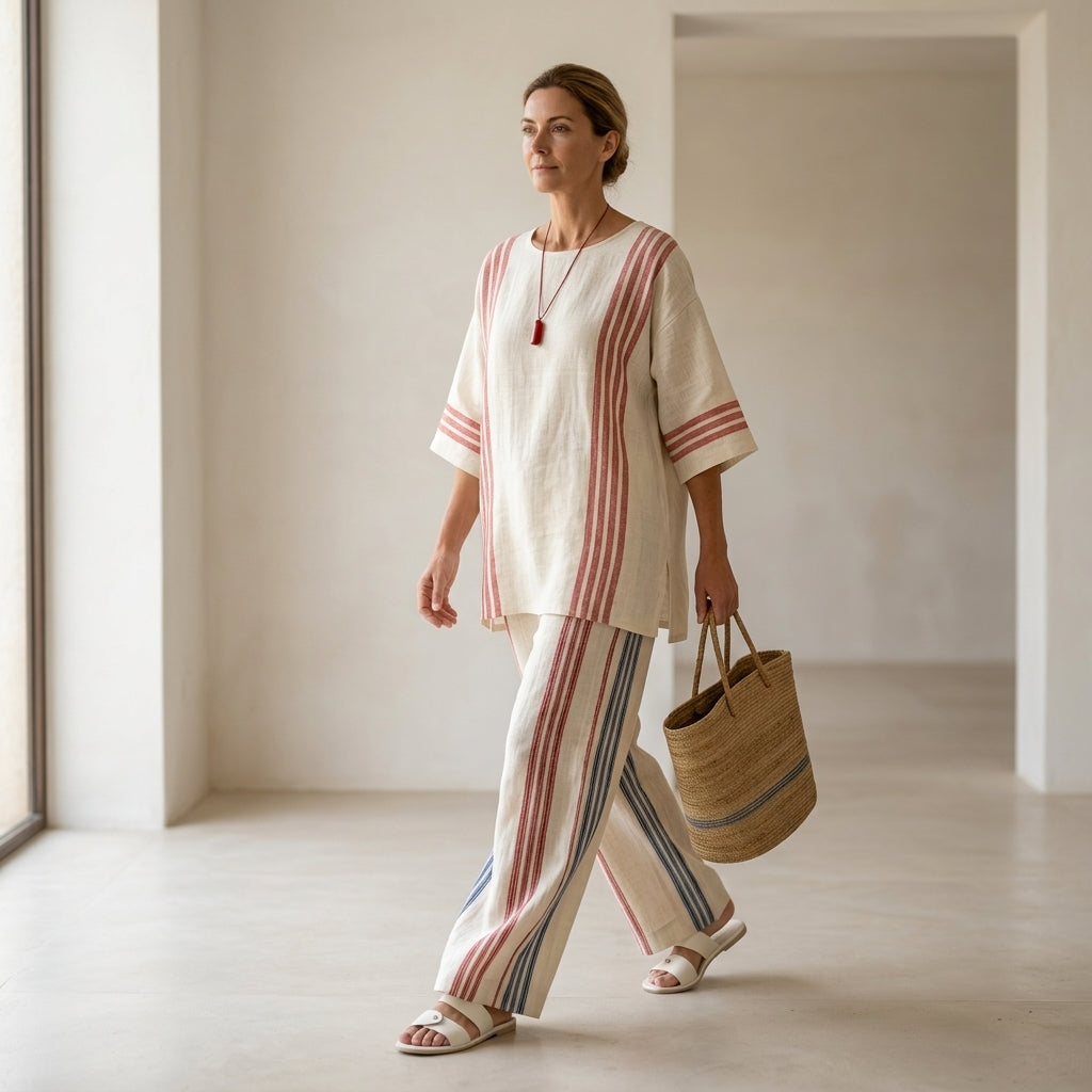 Ludovica – top de rayas multicolores sofisticado combinado con pantalones mediterráneos