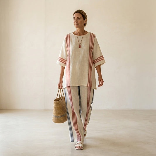 Ludovica – sophisticated multicolored striped top combined with Mediterranean trousers