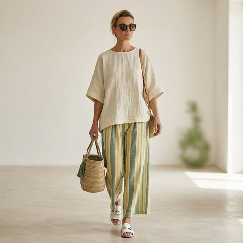 Caterina – an elegant top and striped linen trousers for a chic and sophisticated look