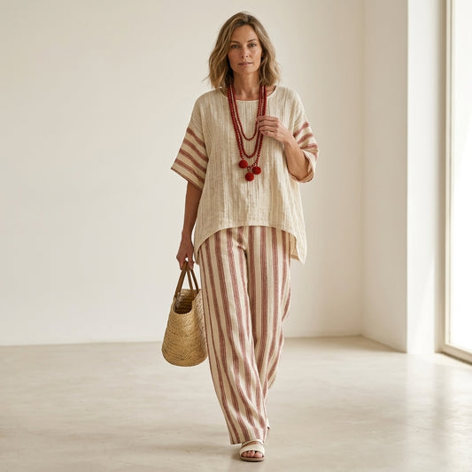 Rosalinda – Conjunto completo: top a rayas rústico-elegante y pantalones de lino crema