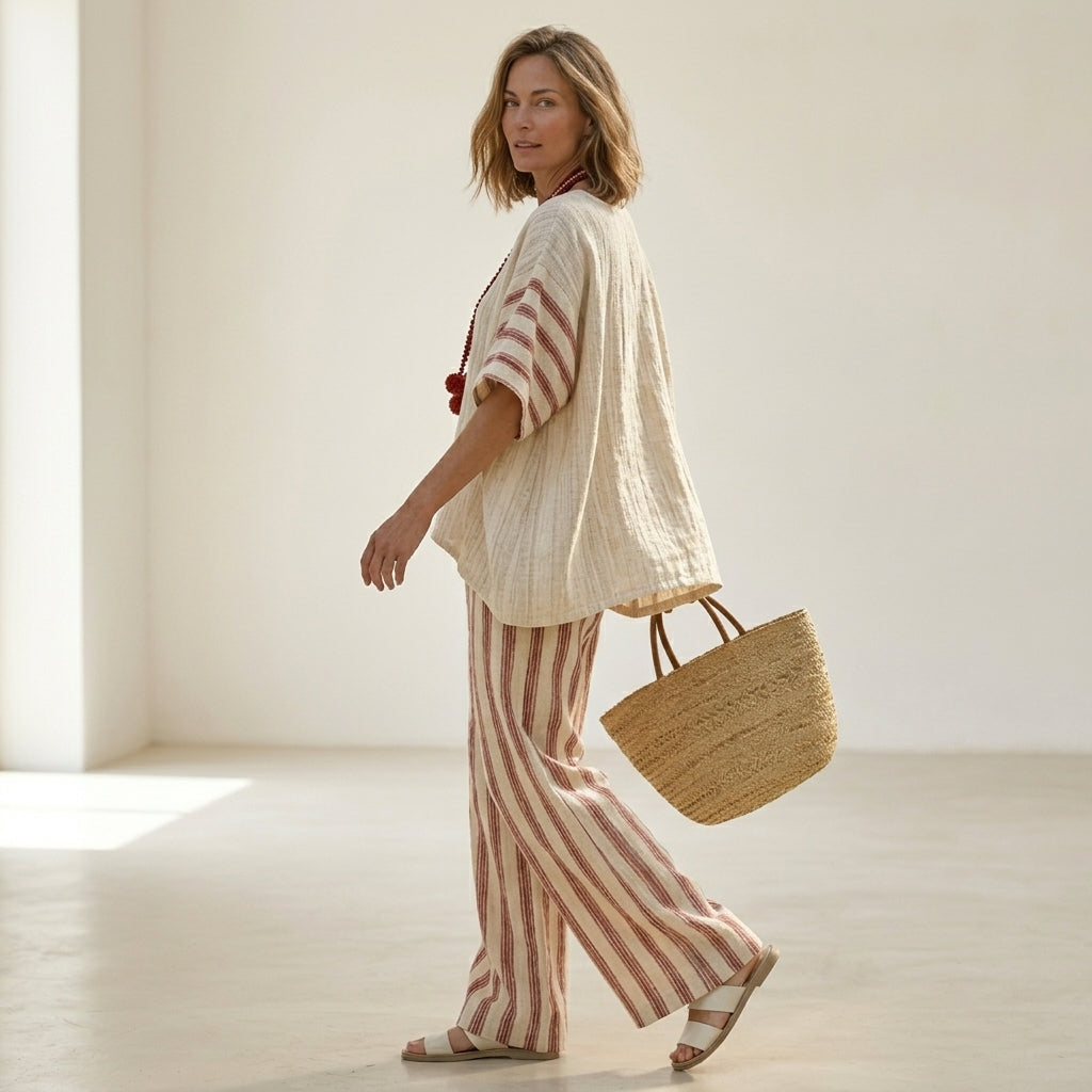 Rosalinda – Komplettset: rustikal-elegantes gestreiftes Oberteil und cremefarbene Leinenhose