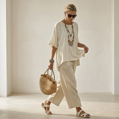 Beatrice – Comfortable and essential shirt, paired with wide-leg trousers