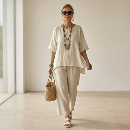 Beatrice – Comfortable and essential shirt, paired with wide-leg trousers
