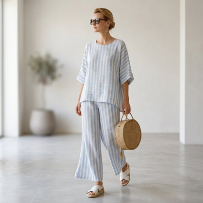 Federica – Sophisticated blue striped linen top, paired with loose-fitting trousers