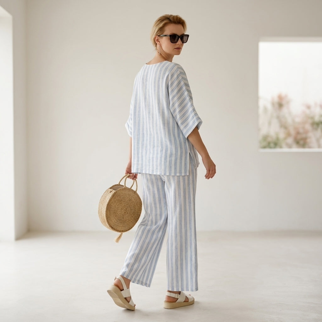 Federica – Sophisticated blue striped linen top, paired with loose-fitting trousers