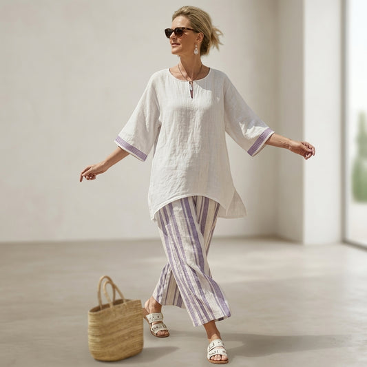 Allegra – blusa cómoda y pantalones a rayas de bambú