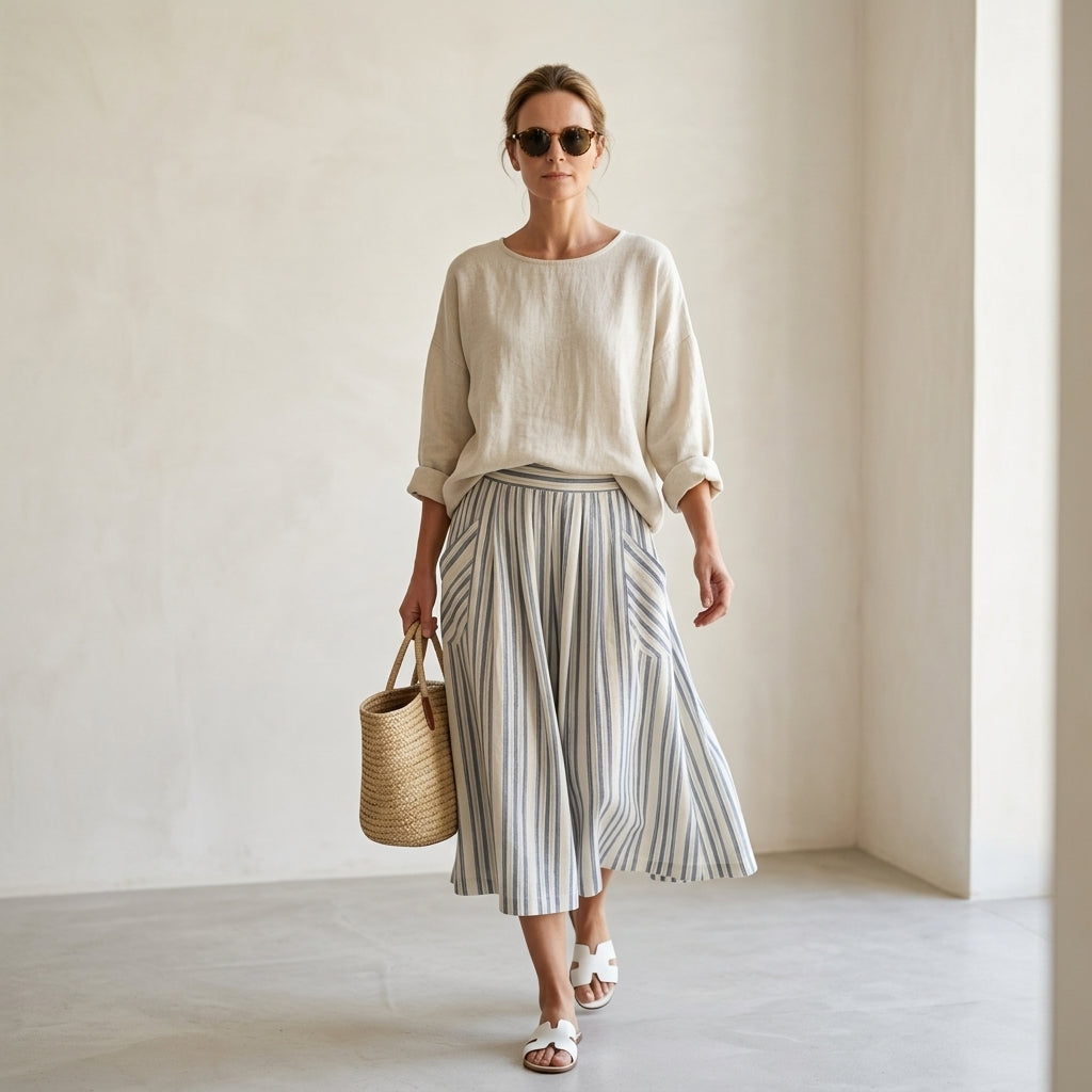 Aurora – blusa cómoda y falda midi a rayas