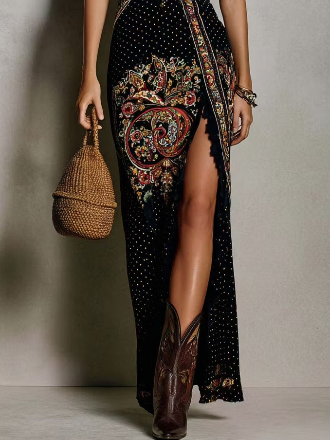 Victoire | Vestido estampado de estilo bohemio con escote en V profundo y abertura alta — foto 3
