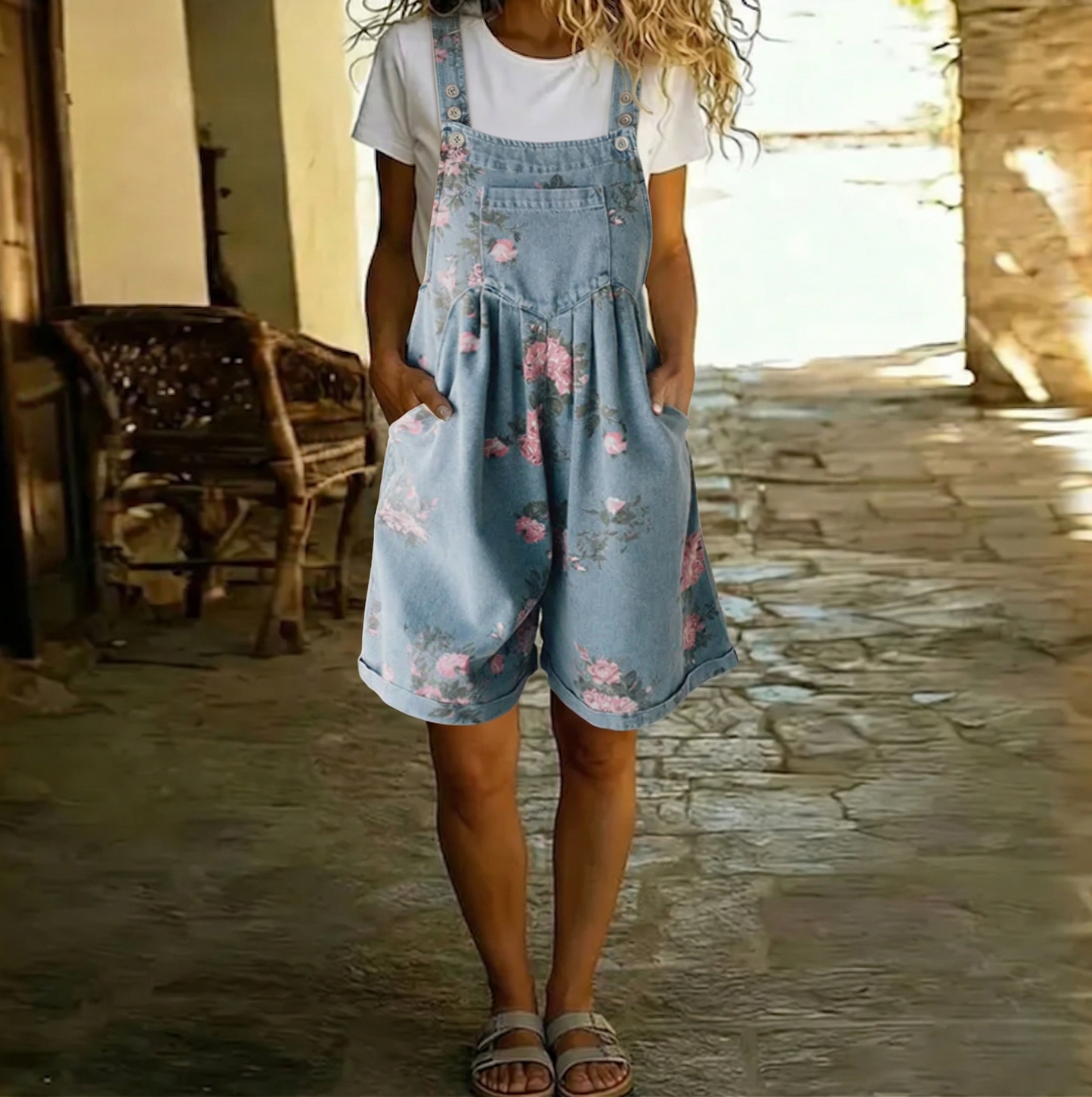 Judy | Denim lavado vintage con sensación de algodón suave overol floral