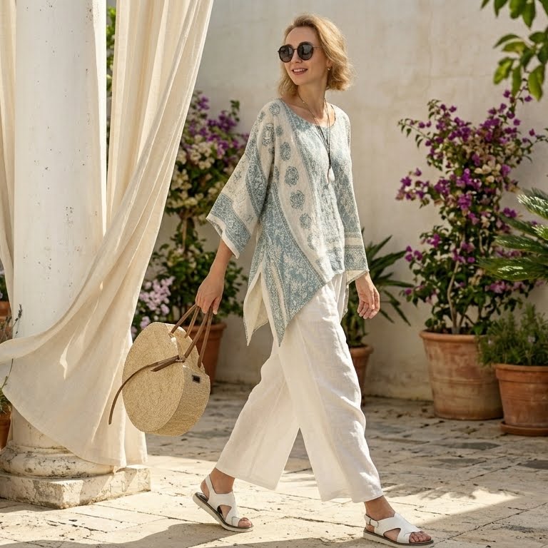 Annalisa - Comfortable printed blouse paired with long white trousers