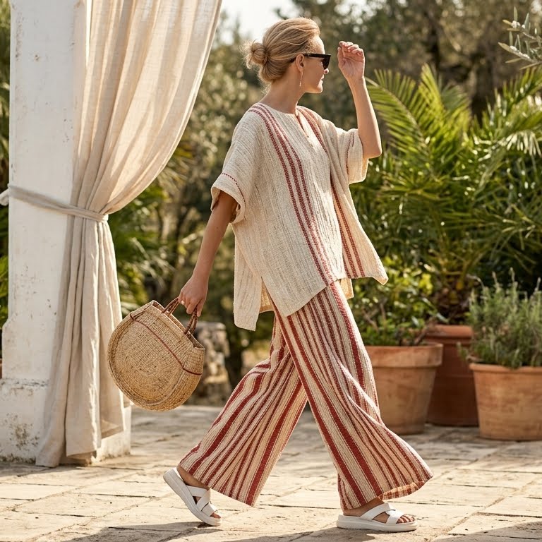 Mirella – Elegant set with a structured red striped top and linen trousers