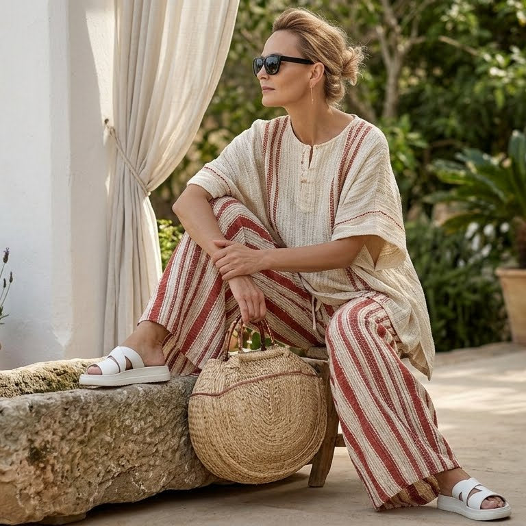 Mirella – Elegant set with a structured red striped top and linen trousers