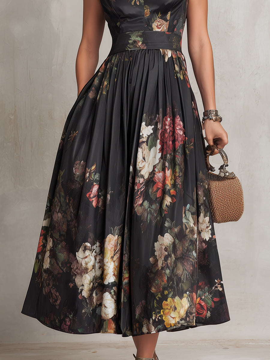 Violette | Vestido midi de satén plisado negro con estampado floral y escote en lágrima — foto 5