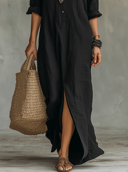 Soline | Vestido Largo Negro Holgado con Botones