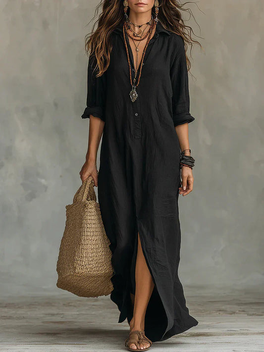 Céline | Vestido Maxi Negro Holgado con Botones