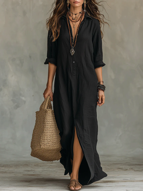 Samara | Vestido Maxi Negro Holgado con Botones