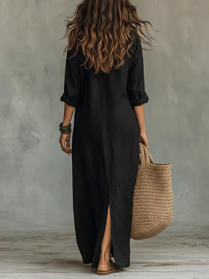 Soline | Vestido Largo Negro Holgado con Botones