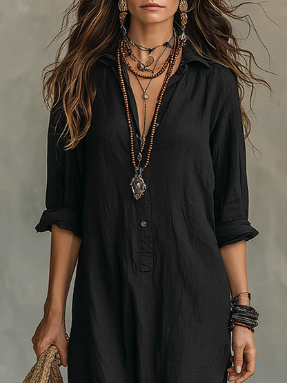 Soline | Vestido Largo Negro Holgado con Botones