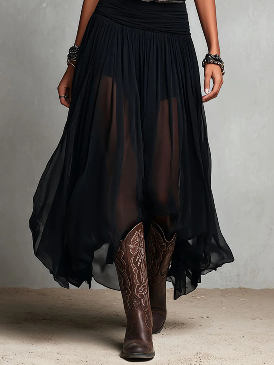 Thaïs | Vestido maxi negro sin mangas con falda de tul (con cinturón) — foto 7