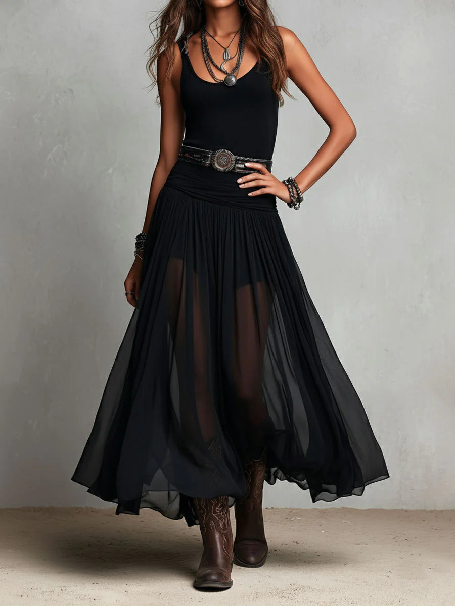 Thaïs | Vestido maxi negro sin mangas con falda de tul (con cinturón) — foto 2