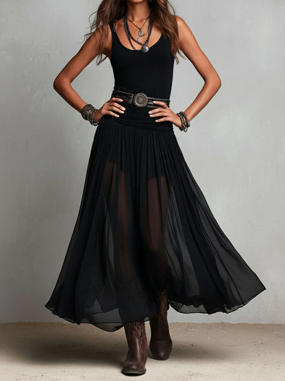 Thaïs | Vestido maxi negro sin mangas con falda de tul (con cinturón) — foto 3