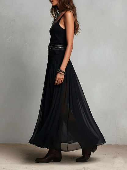 Thaïs | Vestido maxi negro sin mangas con falda de tul (con cinturón) — foto 6