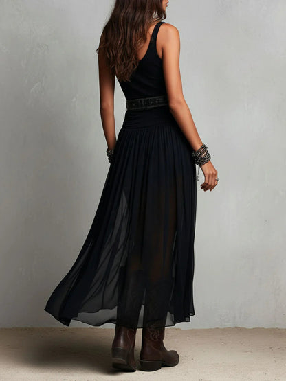Thaïs | Vestido maxi negro sin mangas con falda de tul (con cinturón) — foto 5