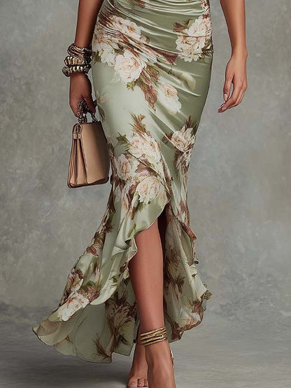 Anne | Vestido largo asimétrico de satén verde con escote en V, mangas abullonadas y estampado floral — foto 5